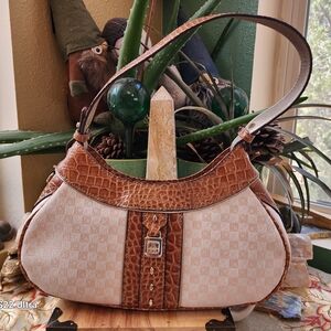 Liz Claiborne Cream and Brown Croc-Embossed Shoulder Bag